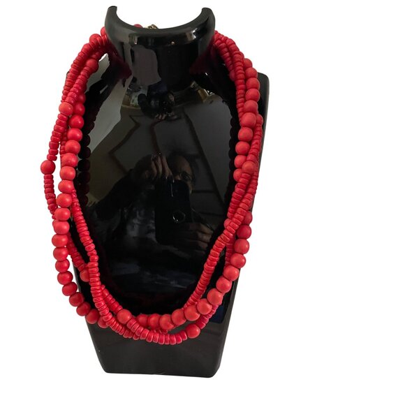 Multi-Strand Red Beaded Necklace With Gold Toggle Clasp For Women - Picture 6 of 6